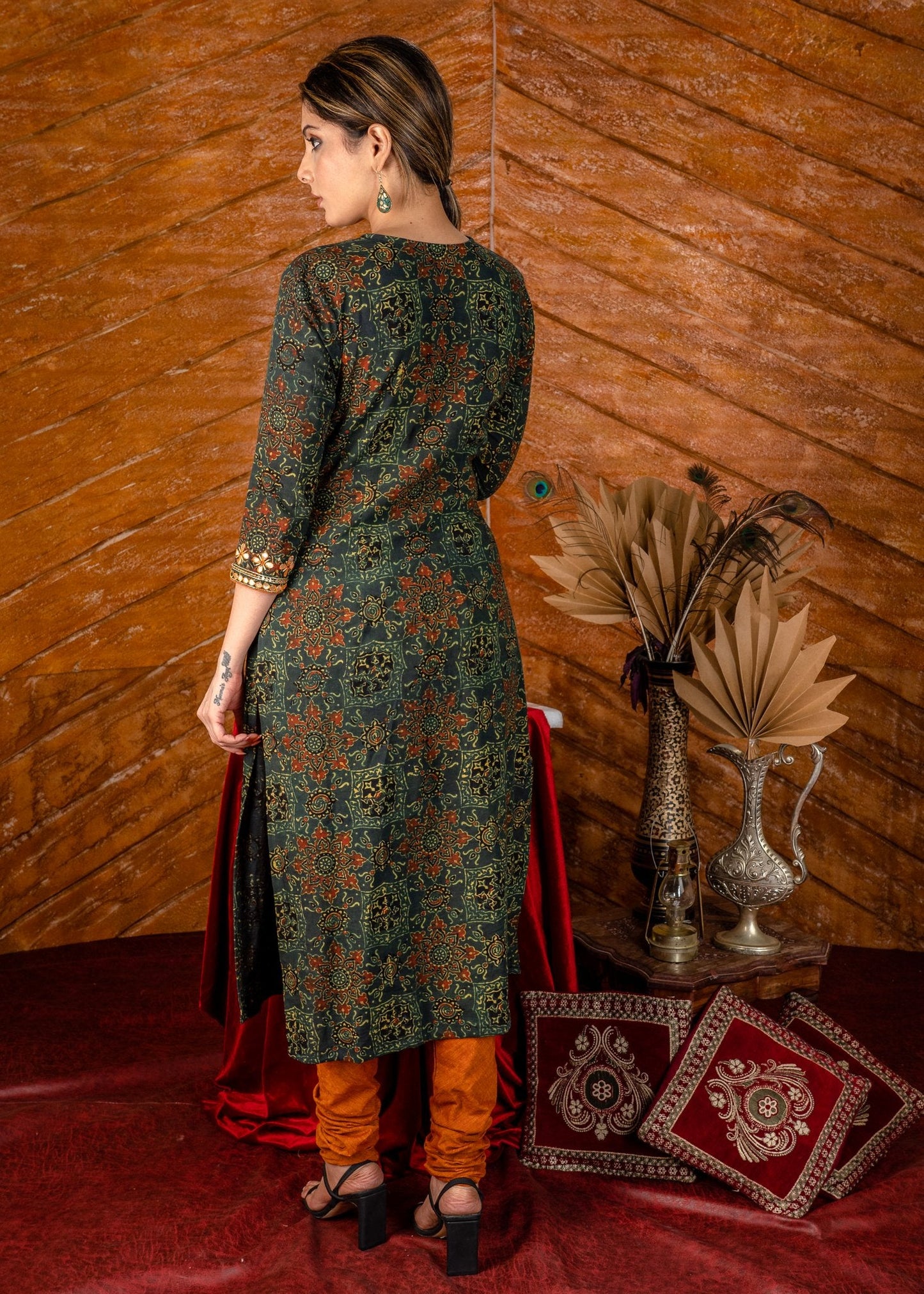 Exclusive hand embroidered Ajrakh block printed kurta & pant set - Dupatta optional.