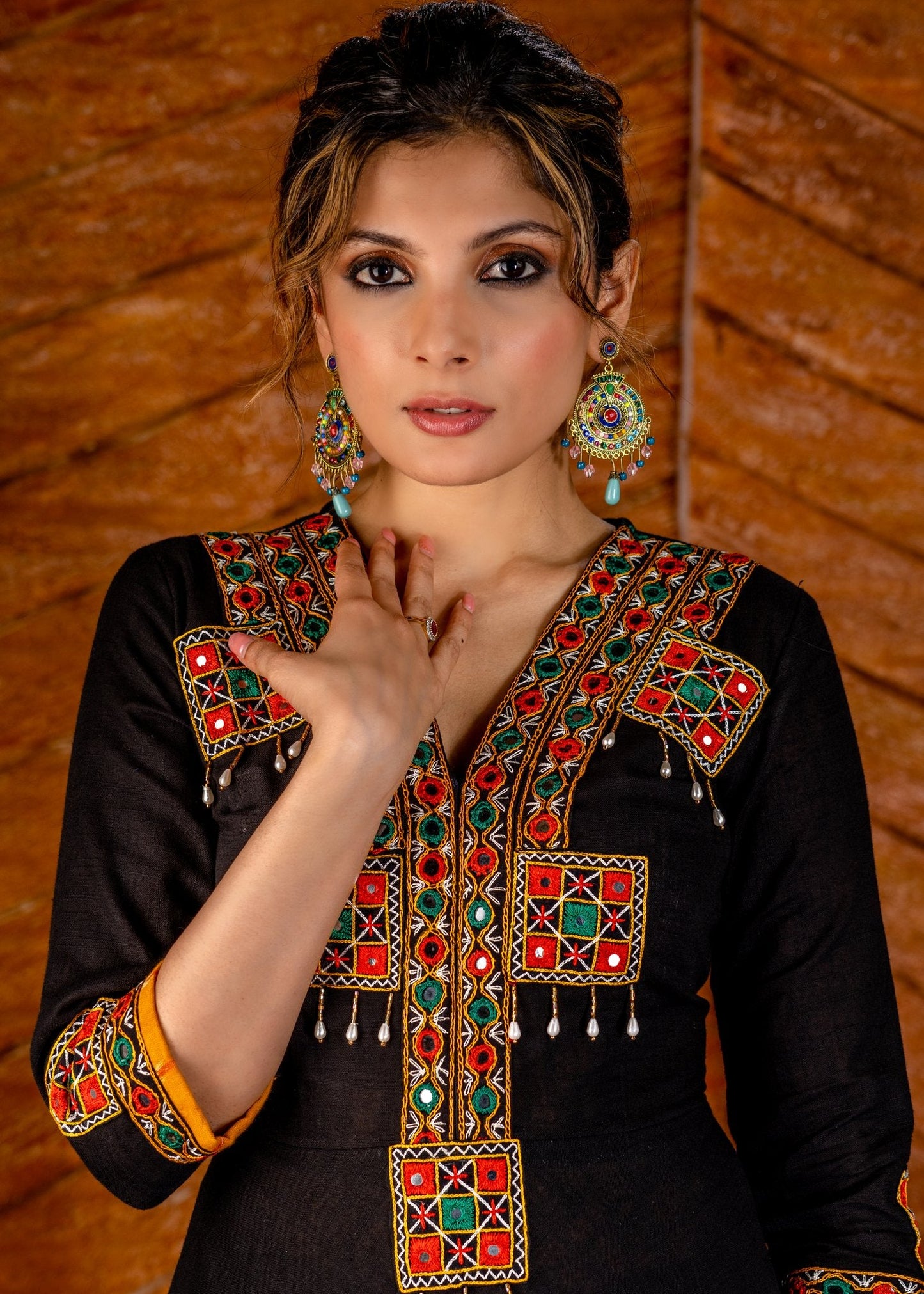 Exclusive black cotton gown with hand embroidered kutch mirror work yoke