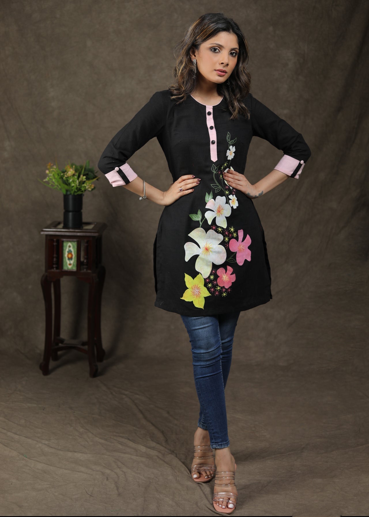 Exclusive Black Cotton Tunic With Beautiful Handpainted Work
