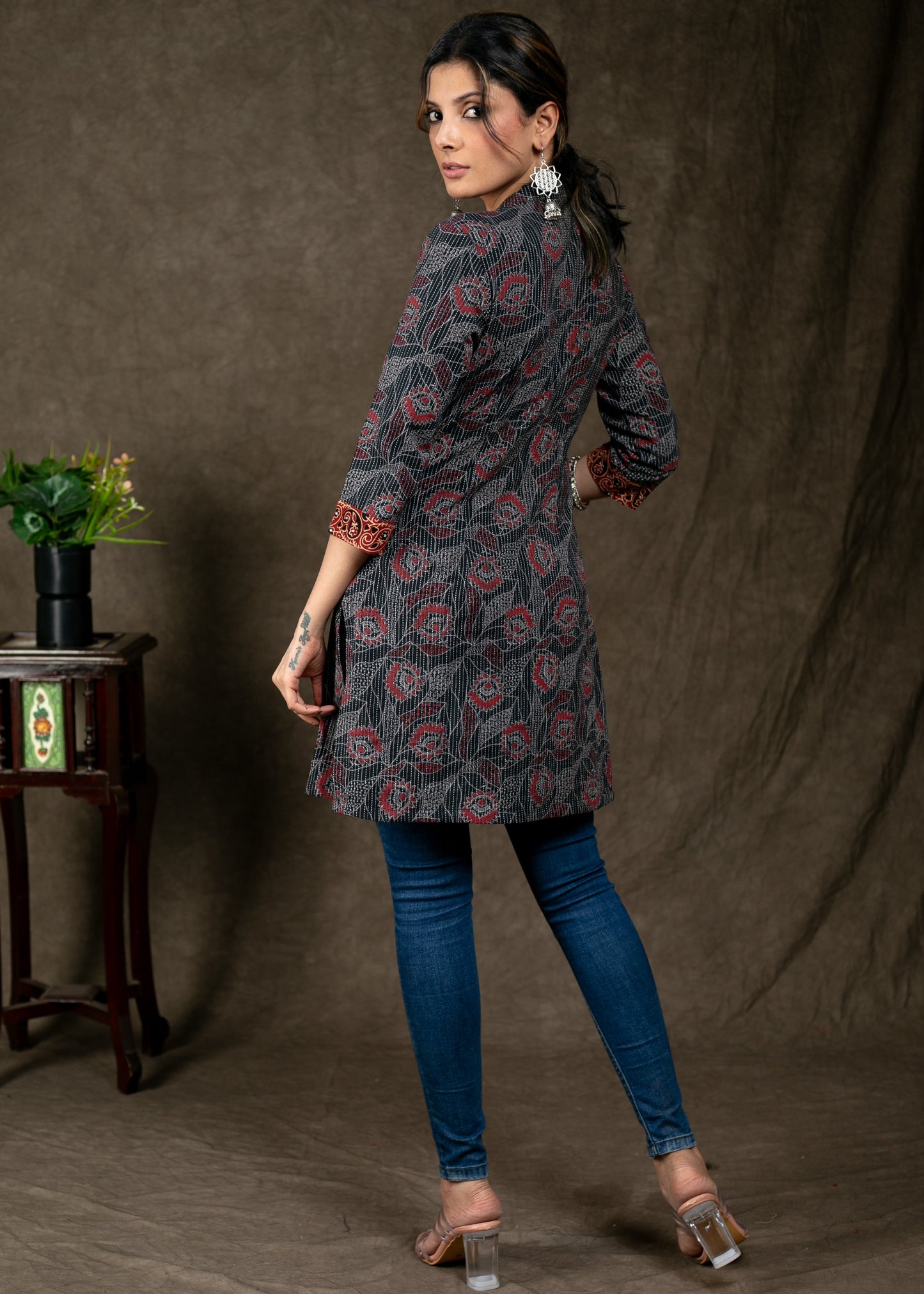 Exclusive Cotton Kantha and Ajrakh Combination With Stone Work On Yoke and Sleeves