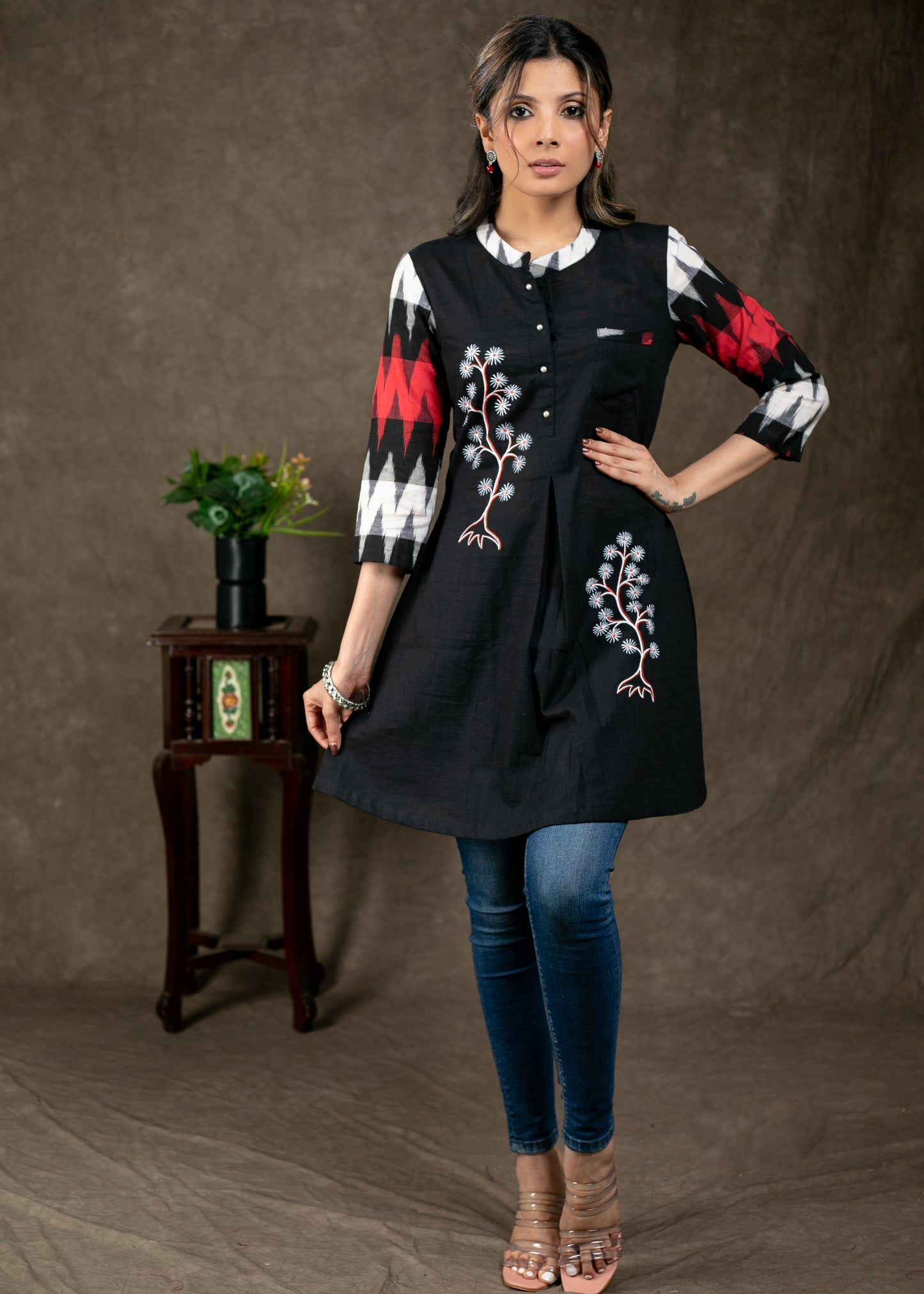 Beautiful Hand painted Black Cotton Tunic with Ikat Combination