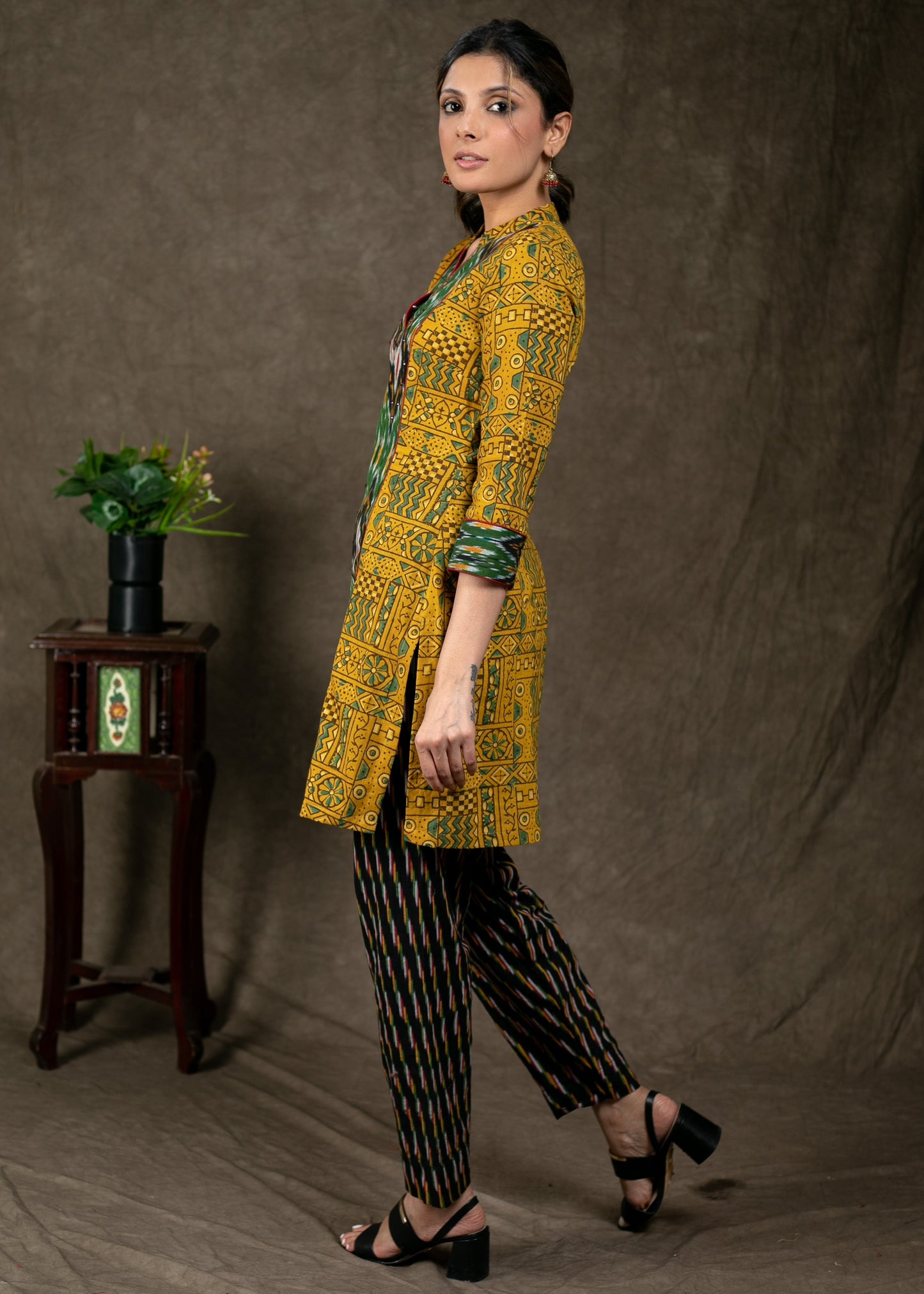 Trendy ikat and ajrakh combination tunic with beautiful stone work