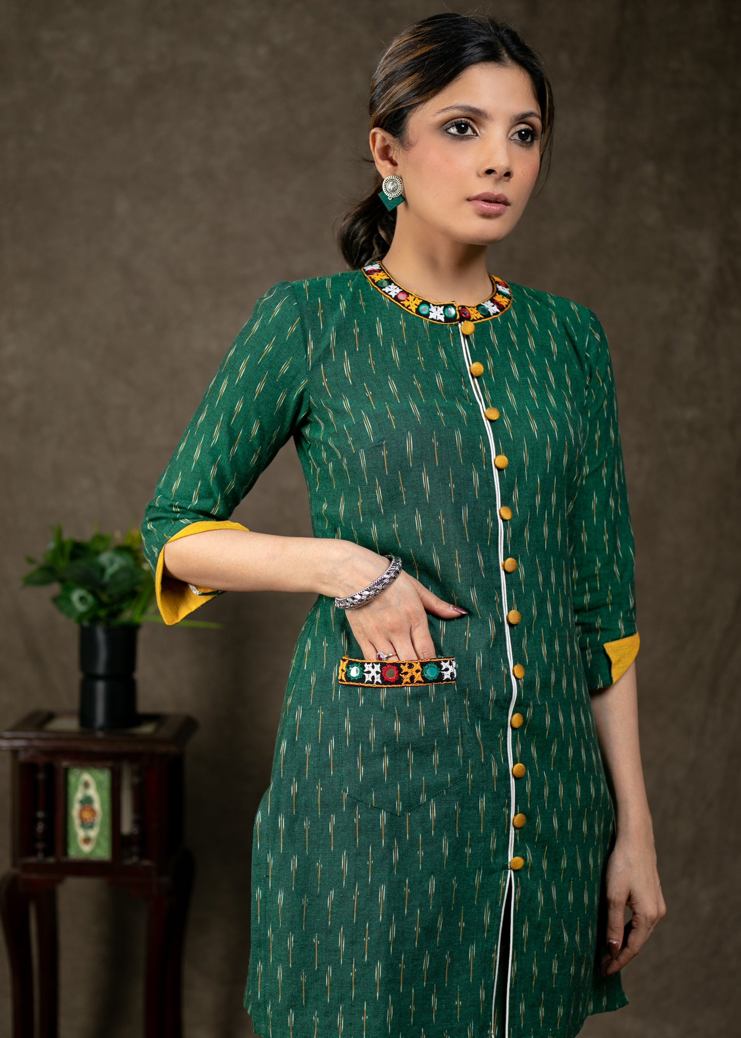Graceful Ikat Tunic with Handmade Kutch Work with Turnup Sleeves