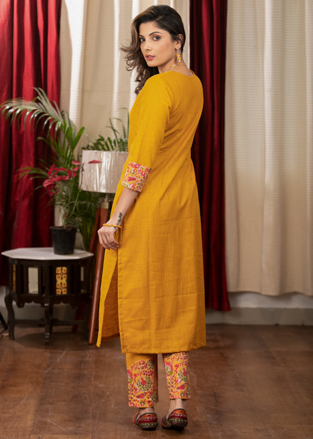 Mustard Cotton Handloom Straight Cut Kurta with Beautiful Hand Mirror work, Combination Pant & Dupatta - 3 Piece