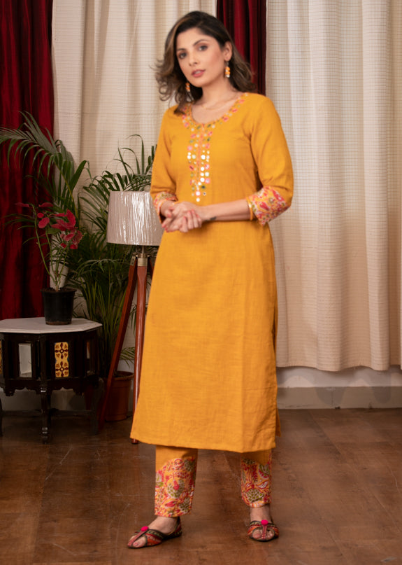 Mustard Cotton Handloom Straight Cut Kurta with Beautiful Hand Mirror work, Combination Pant & Dupatta - 3 Piece