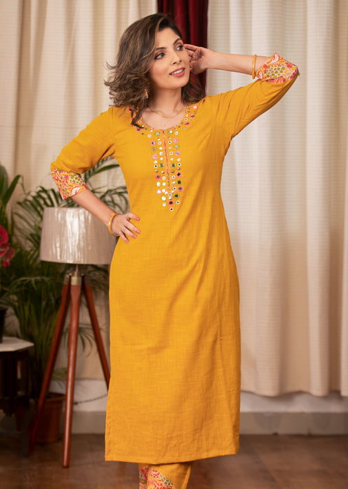Mustard Cotton Handloom Straight Cut Kurta with Beautiful Hand Mirror work, Combination Pant & Dupatta - 3 Piece