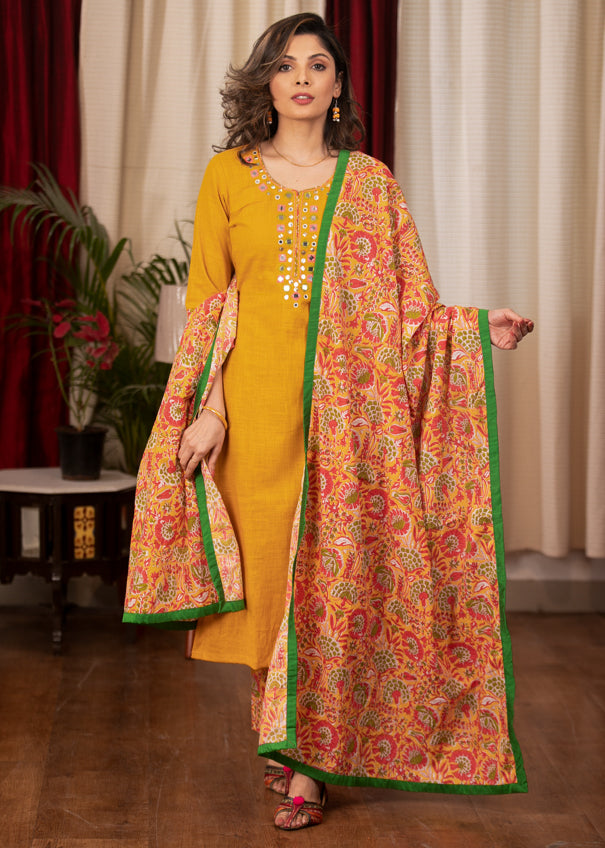 Mustard Cotton Handloom Straight Cut Kurta with Beautiful Hand Mirror work, Combination Pant & Dupatta - 3 Piece