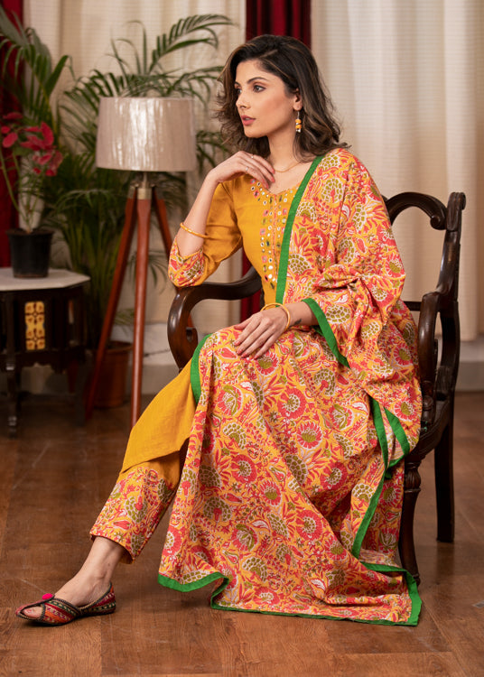 Mustard Cotton Handloom Straight Cut Kurta with Beautiful Hand Mirror work, Combination Pant & Dupatta - 3 Piece