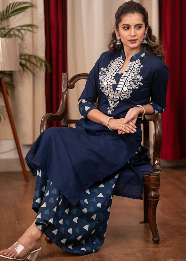 Very Fine Hand made Mirror Embroidery on Blue and Indigo Cotton Straight Cut Kurta