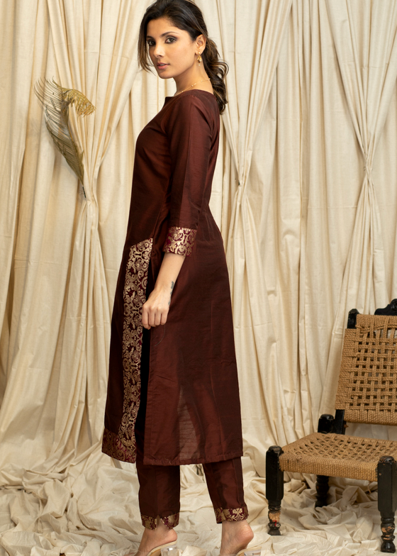 Straight Cut Coffee Brown Cotton Silk Kurta and Pant with Banarasi Border and Chanderi Dupatta - 3 piece set