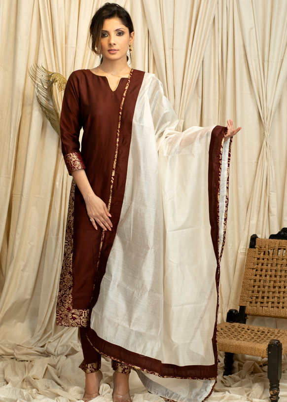 Straight Cut Coffee Brown Cotton Silk Kurta and Pant with Banarasi Border and Chanderi Dupatta - 3 piece set