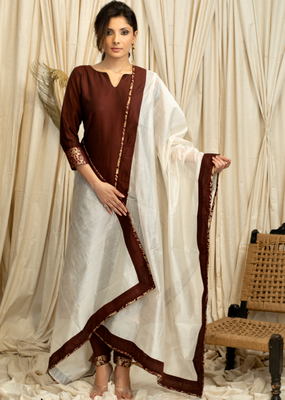 Straight Cut Coffee Brown Cotton Silk Kurta and Pant with Banarasi Border and Chanderi Dupatta - 3 piece set
