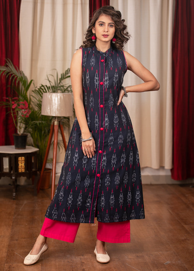 Straight Cut Smart Ikat sleeveless Cotton Kurta .