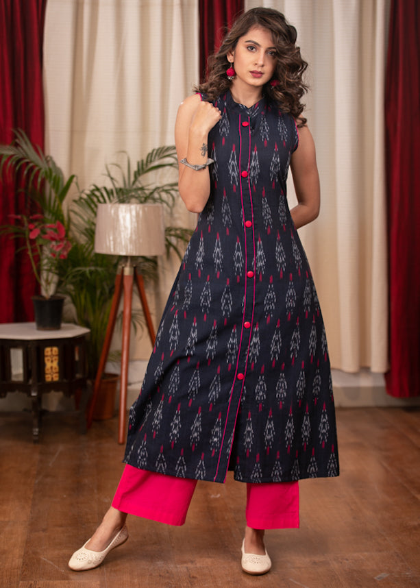 Straight Cut Smart Ikat sleeveless Cotton Kurta .