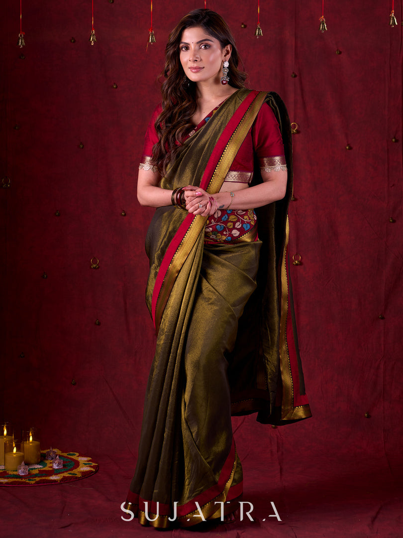 Midnight Black Tissue Saree featuring Maroon Accents & Artisanal Kalamkari and Elegant Zari Border