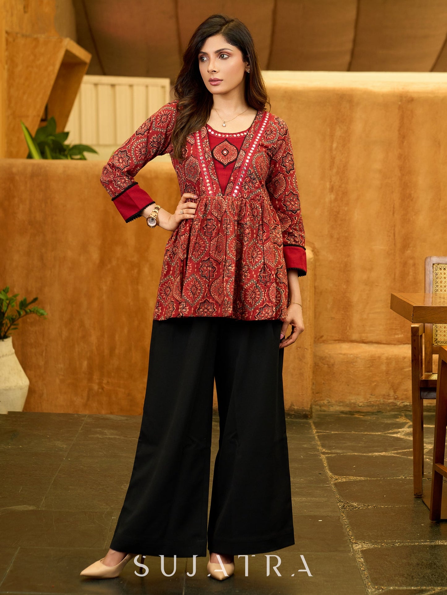 Maroon Artisan Ajrakh Top with Mirror Embellishments and Appliqué Work