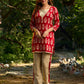 Vibrant red viscose short kurta showcasing a charming floral print, refined pintuck neck panel