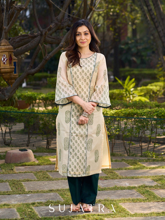 Classic Hand Block Printed Beige Chanderi Kurta Featuring Paisley Panels & Flared Sleeves