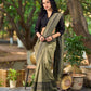 Natural Sage Green Cotton Saree with Traditional Black Hand Block Printed Border