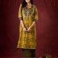 Mustard & Green Ajrakh Cotton Kurta with Minimal Hand Embroidery