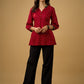 Red rayon bandhani top beautifully combined with classic ikat collar.