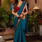 Teal cotton saree with Kalamkari border and rich khun border detailing