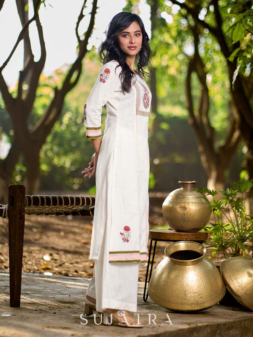 Graceful White Cotton Panel Kurta with Delicate Floral Hand Block Motifs