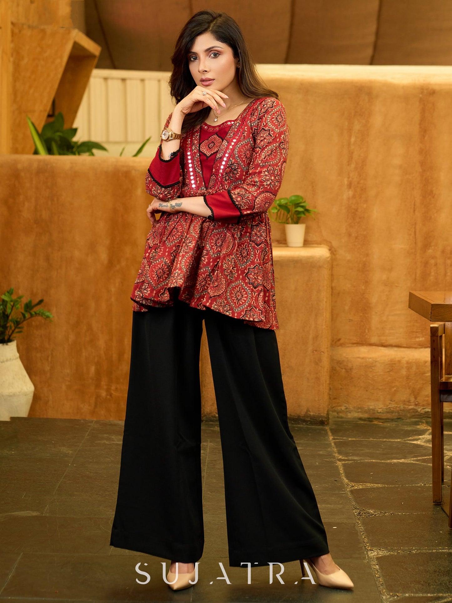 Maroon Artisan Ajrakh Top with Mirror Embellishments and Appliqué Work