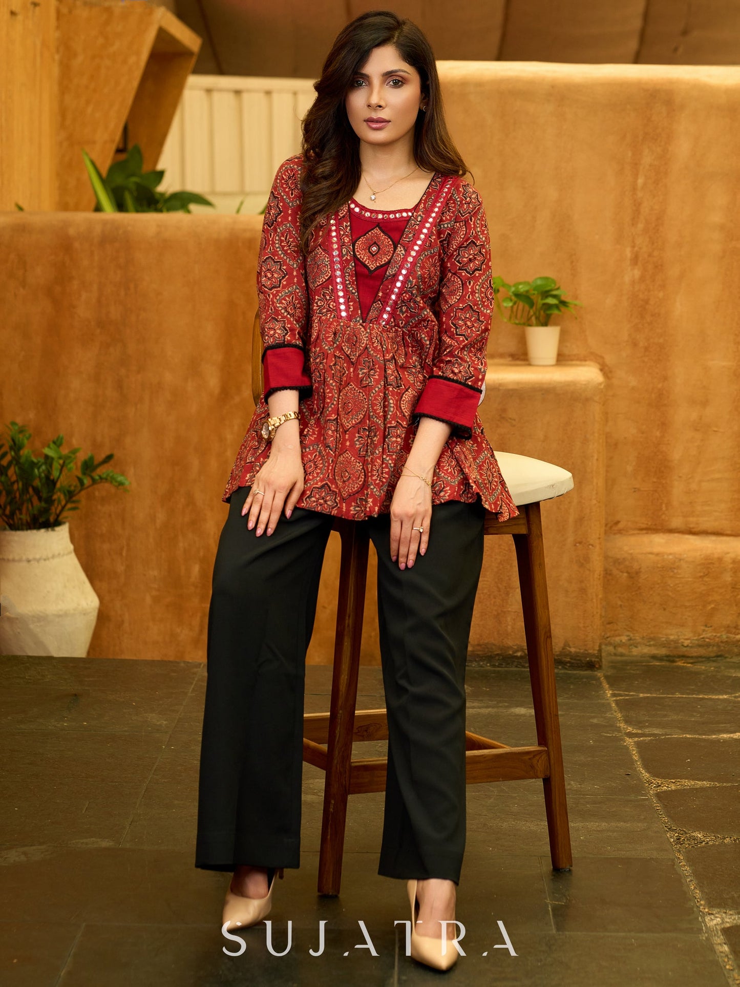 Maroon Artisan Ajrakh Top with Mirror Embellishments and Appliqué Work