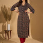 Bold Black Ajrakh Printed Cotton Kurta with Linear Yoke and Cuff Detailing