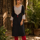 Black Cotton Kurta with Ajrakh Printed Yoke & Matching Cuffs with Minimal Embellishment