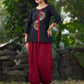 Classic Black Cotton Silk Top Featuring Delicate Mirror Work Accents And A Bold Maroon Placket