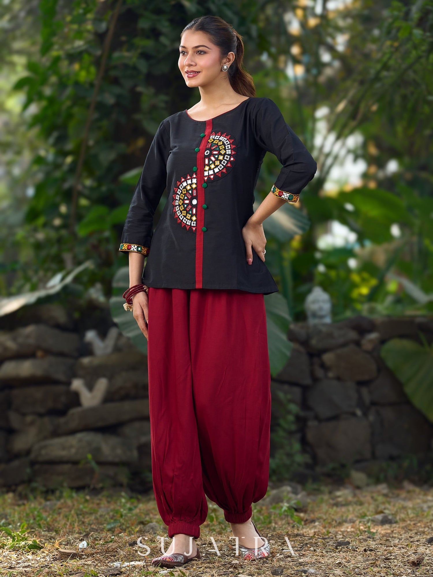 Classic Black Cotton Silk Top Featuring Delicate Mirror Work Accents And A Bold Maroon Placket