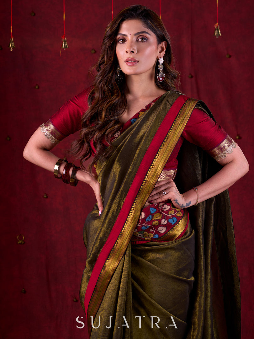 Midnight Black Tissue Saree featuring Maroon Accents & Artisanal Kalamkari and Elegant Zari Border