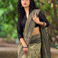 Natural Sage Green Cotton Saree with Traditional Black Hand Block Printed Border
