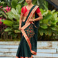 Timeless Bottle Green Georgette Saree with Contrast Red Benarasi Border & Hand Embroidered Pallu