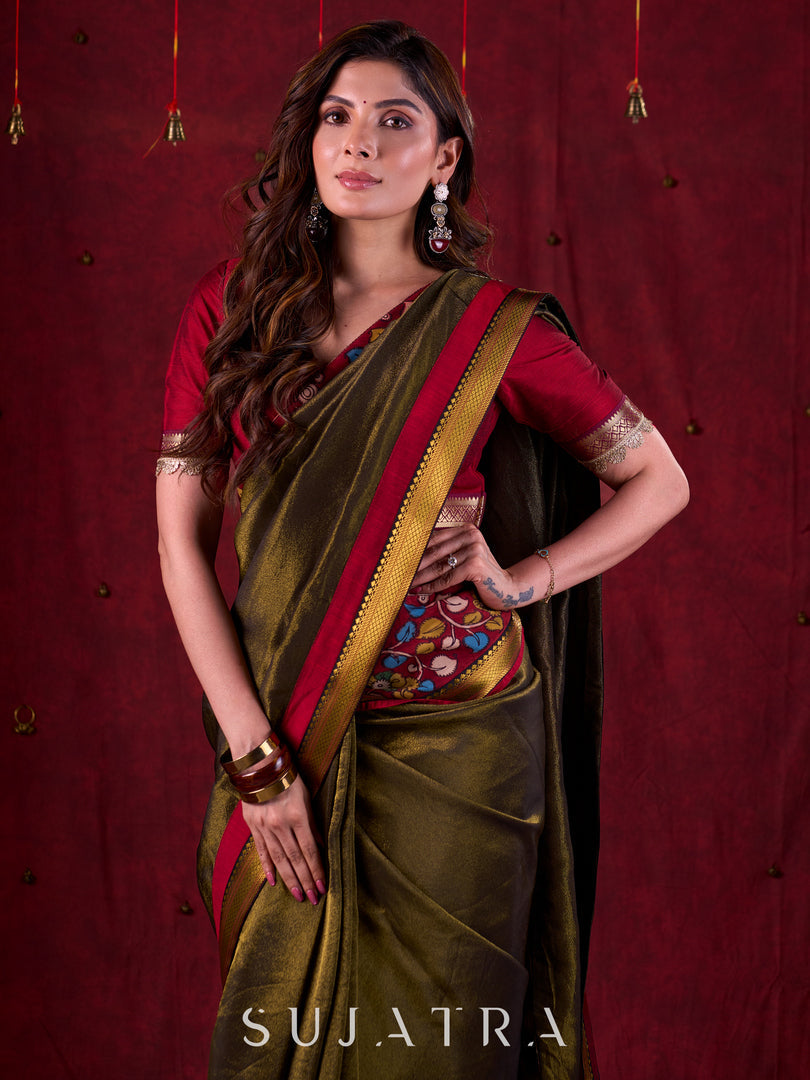 Midnight Black Tissue Saree featuring Maroon Accents & Artisanal Kalamkari and Elegant Zari Border