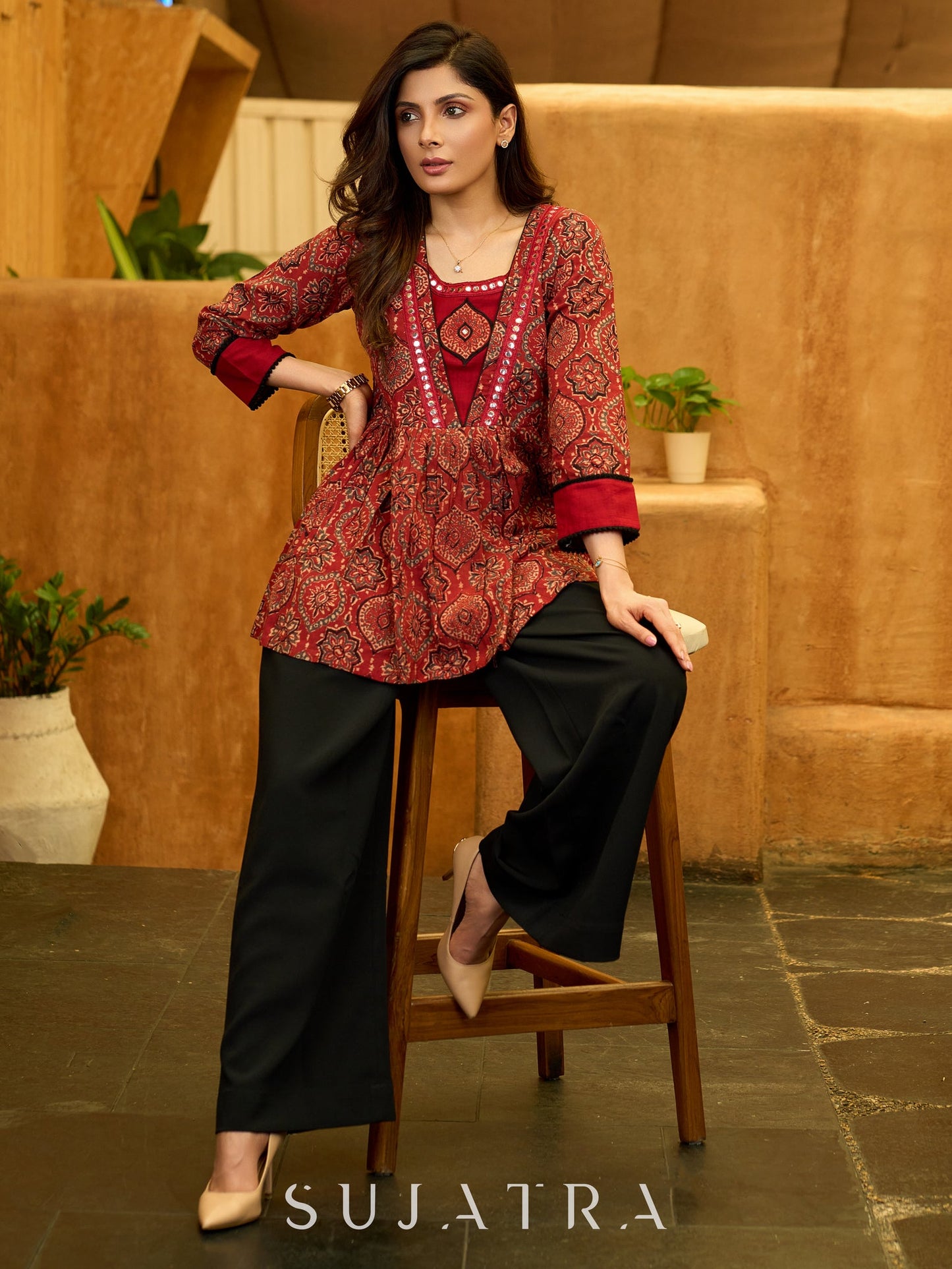 Maroon Artisan Ajrakh Top with Mirror Embellishments and Appliqué Work