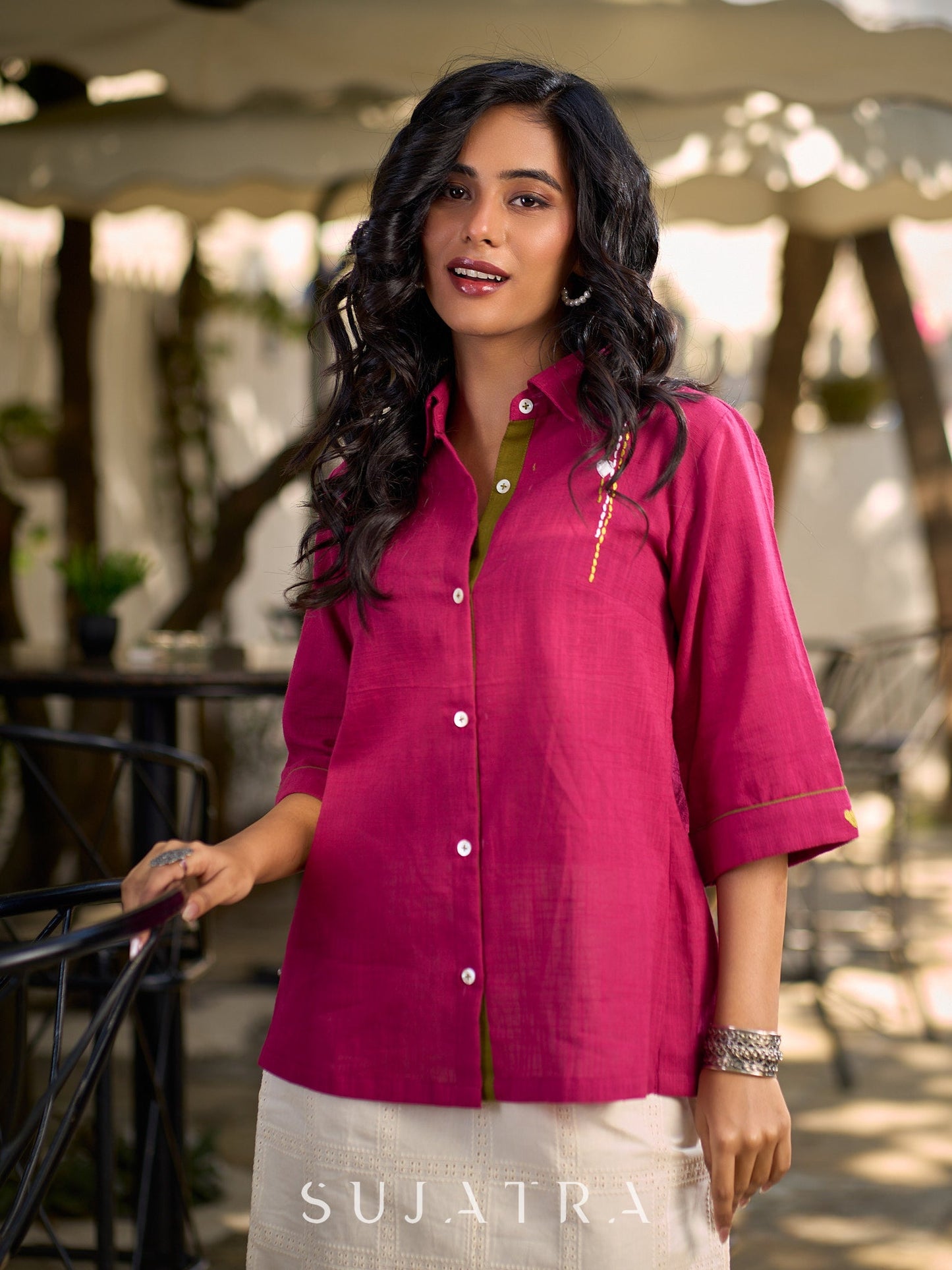 Magenta Cotton Shirt Featuring Fine Hand Embroidered Details