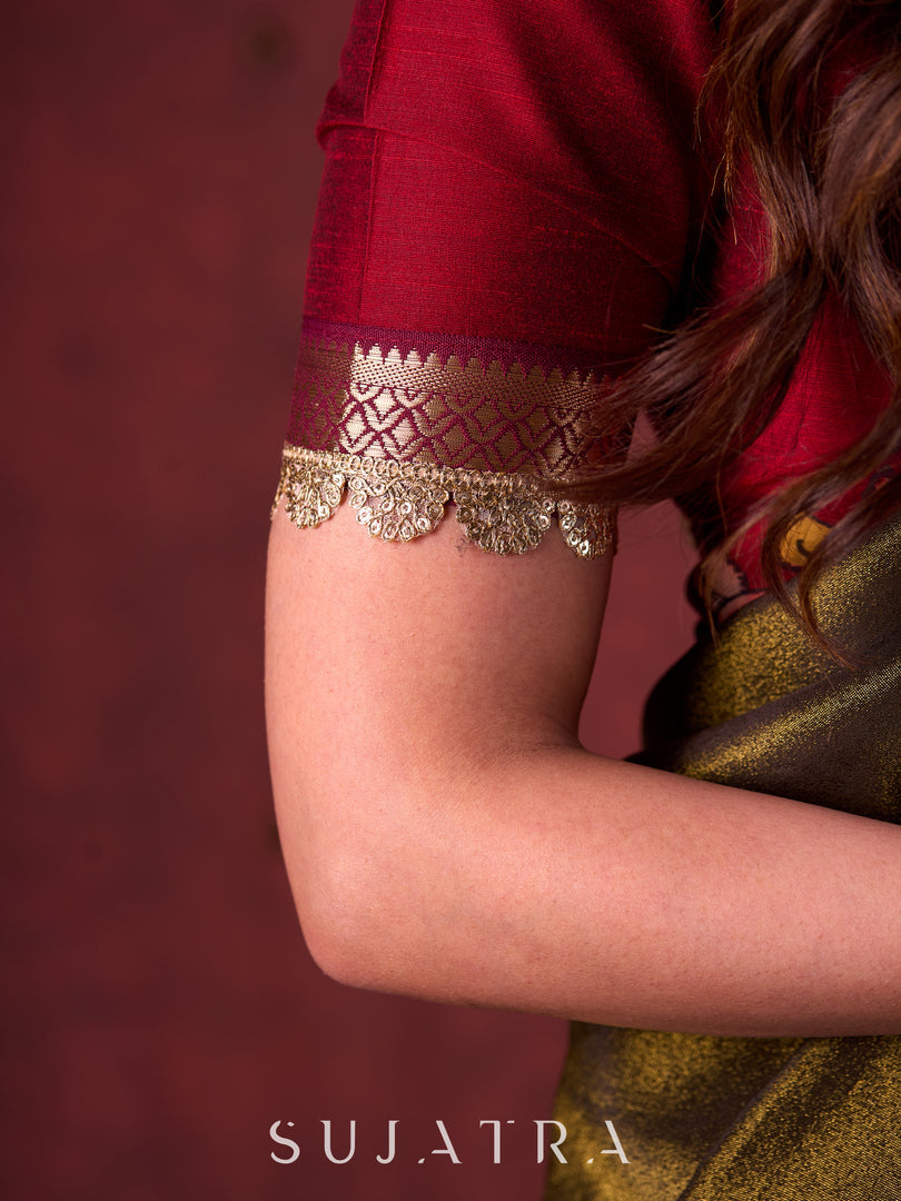 Midnight Black Tissue Saree featuring Maroon Accents & Artisanal Kalamkari and Elegant Zari Border