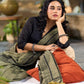 Natural Sage Green Cotton Saree with Traditional Black Hand Block Printed Border