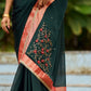 Timeless Bottle Green Georgette Saree with Contrast Red Benarasi Border & Hand Embroidered Pallu