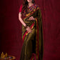 Midnight Black Tissue Saree featuring Maroon Accents & Artisanal Kalamkari and Elegant Zari Border
