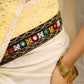 Exclusive off white mul saree with yellow hakoba border paired with Kutch mirror work border