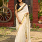 Exclusive off white mul saree with yellow hakoba border paired with Kutch mirror work border