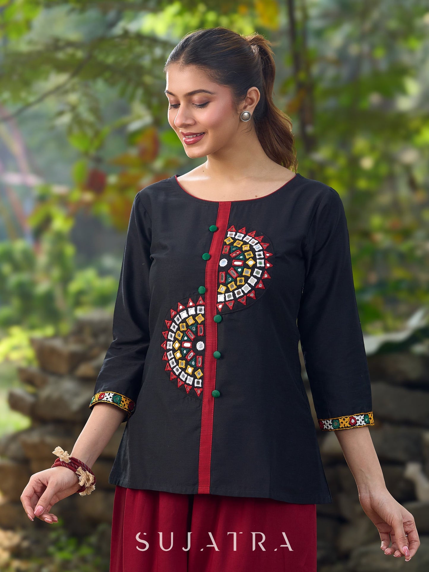 Classic Black Cotton Silk Top Featuring Delicate Mirror Work Accents And A Bold Maroon Placket