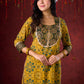 Mustard & Green Ajrakh Cotton Kurta with Minimal Hand Embroidery