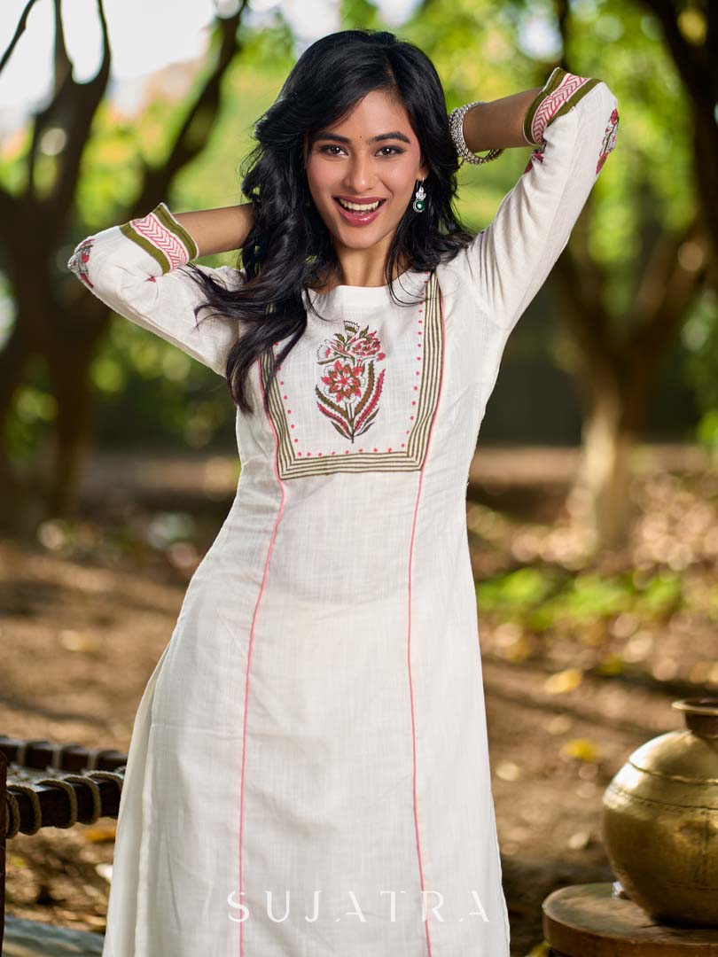 Graceful White Cotton Panel Kurta with Delicate Floral Hand Block Motifs