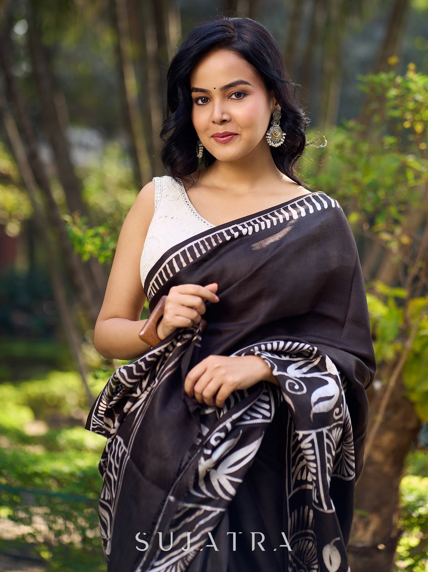Artisanal Black Pure Silk Hand Batik Saree with Classic Bold Designs