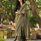Natural Sage Green Cotton Saree with Traditional Black Hand Block Printed Border